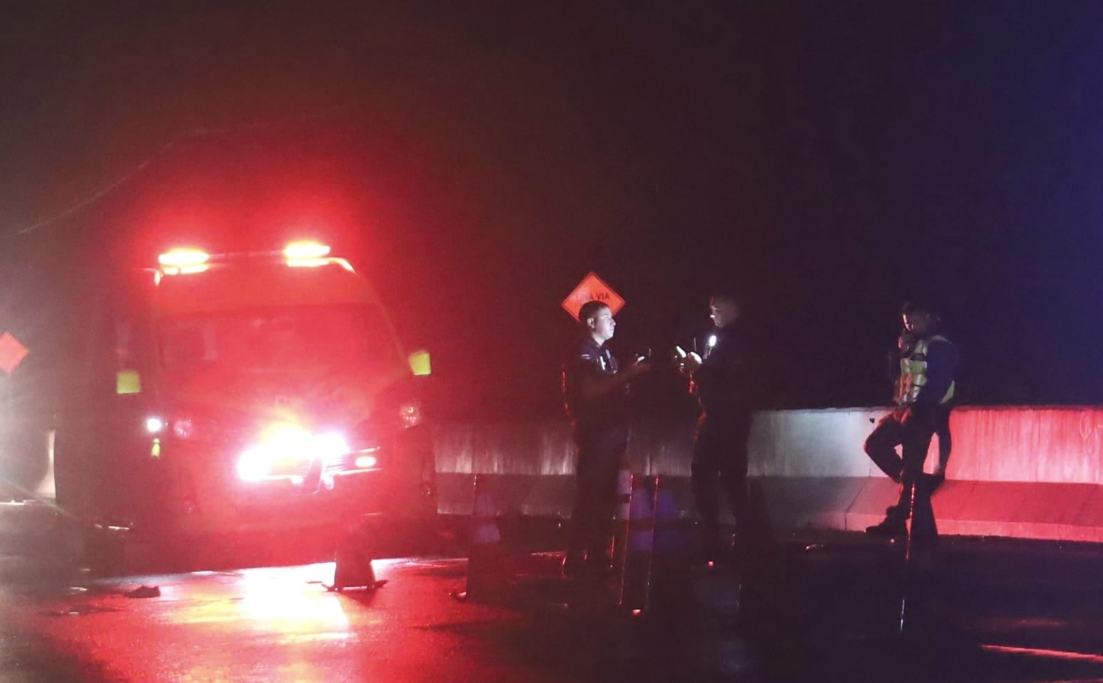 Agentes del Organismo de Investigación Judicial realizaron el levantamiento del cuerpo de una mujer que murió tras ser atropellada por una ambulancia privada (a la izquierda) en la ruta 32, en Guápiles, Pococí.