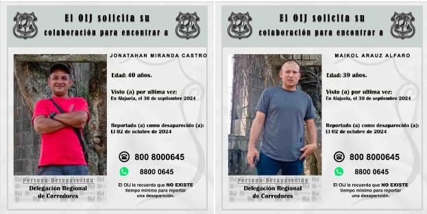 Jonathan Miranda Castro y Maikol Arauz Alfaro son dos vecinos de San Vito de Coto Brus, zona sur del país a quienes se les perdió el rastro hace 17 días. Foto: OIJ