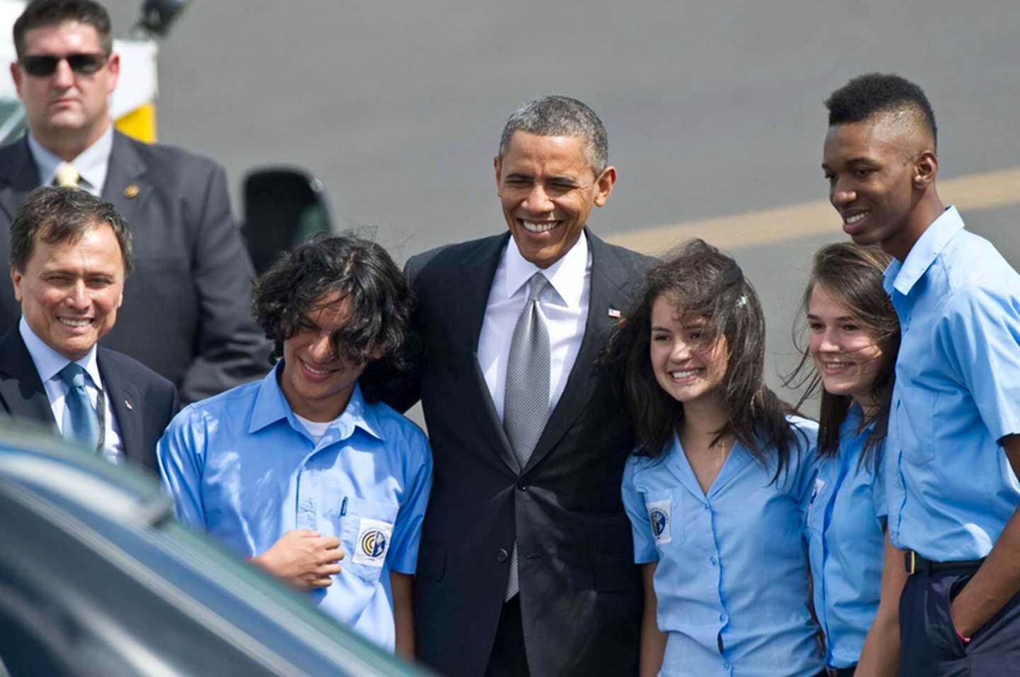 Bryan Badilla, Katherine Fernández, Génisis Soto y John Junier en compañía del presidente estadounidense, Barack Obama, y el astronauta costarricense Franklin Chang. | ALONSO TENORIO