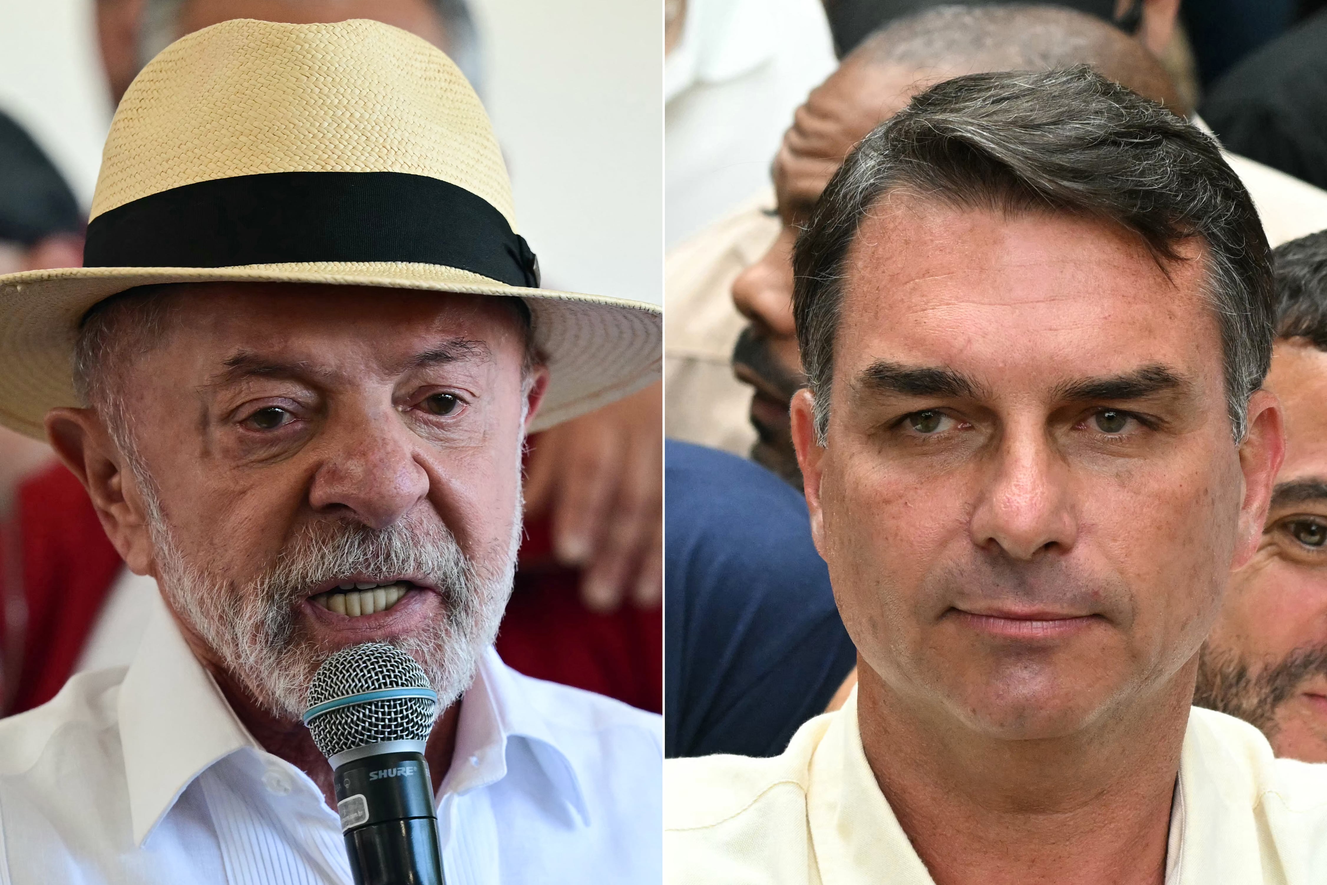 Esta composición de imágenes, tomada este 4 de octubre de 2026, muestra al presidente de Brasil y candidato a la reelección por el Partido de los Trabajadores (PT), Luiz Inácio Lula da Silva (derecha), hablando con los medios tras emitir su voto en un colegio electoral de São Bernardo do Campo, en el estado de São Paulo, Brasil; y al senador derechista y candidato presidencial del Partido Liberal (PL), Flávio Bolsonaro, al salir de un centro de votación tras sufragar en las elecciones presidenciales en Río de Janeiro.