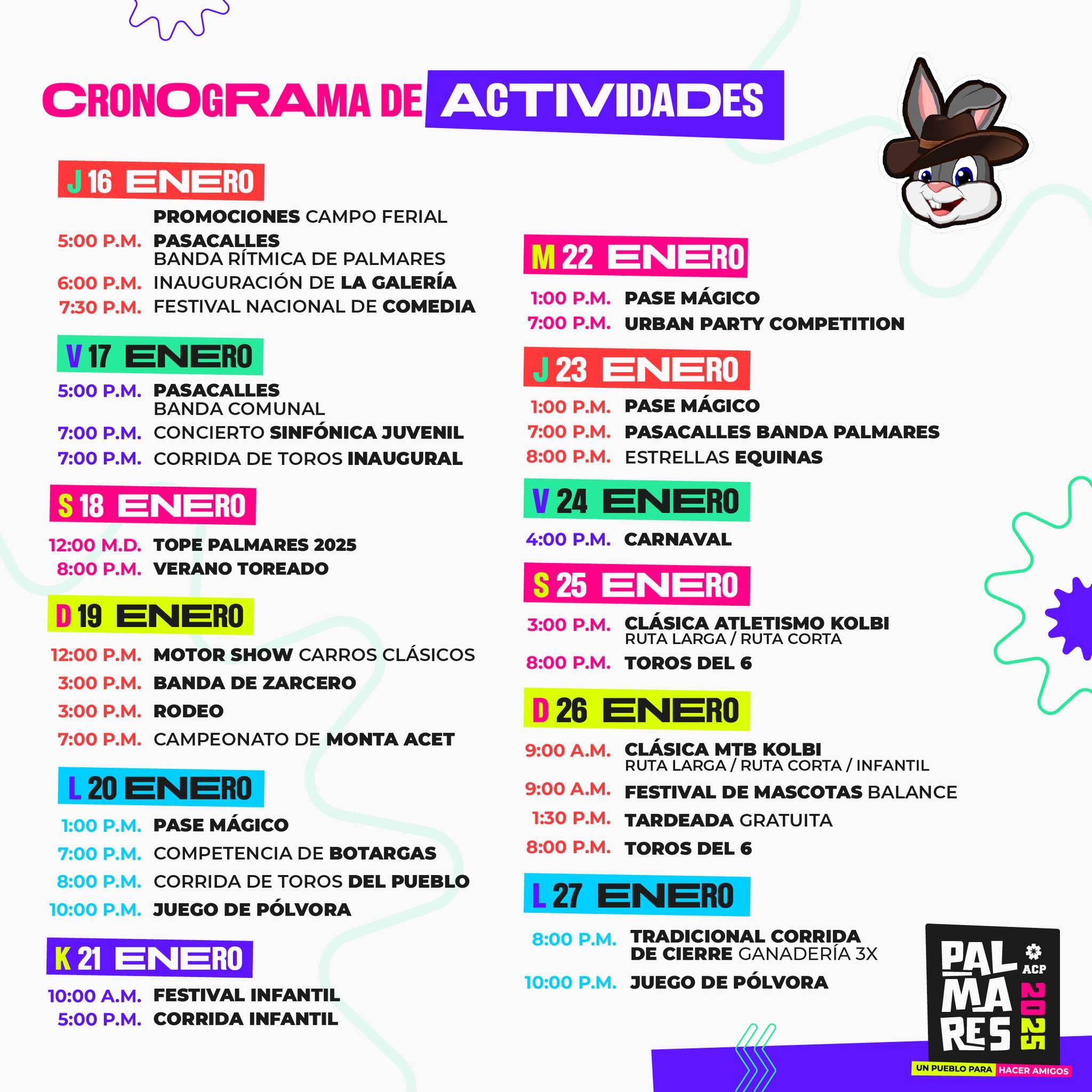 Este es el cronograma de las actividades para las Fiestas de Palmares.