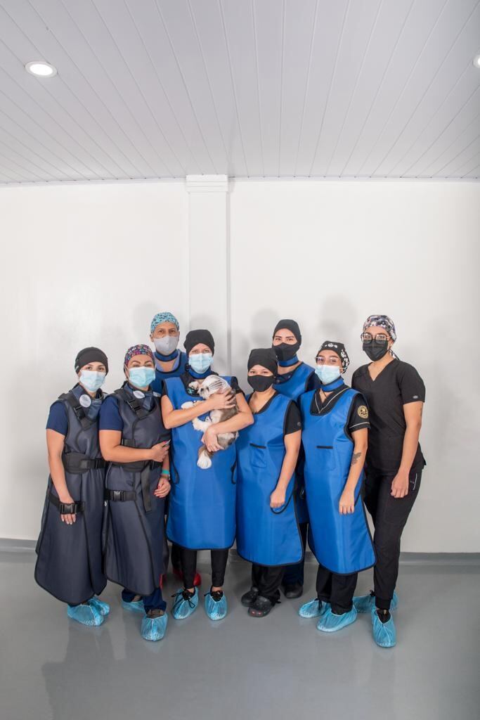 Chou Chou es una perrita tica de 6 años de la raza Shih Tzu que el año pasado se puso muy malita de salud y terminó este 2023 en el quirófano en donde le pusieron un marcapasos. En la foto, el equipo de CIMES Veterinaria que operó a la perrita en Santo Domingo de Heredia.