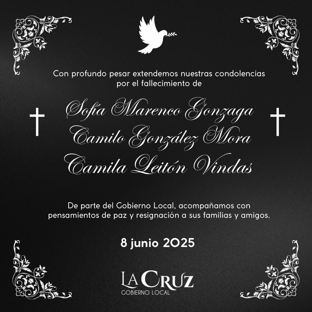 La Municipalidad de La Cruz divulgó la noche de este domingo 8 de junio un mensaje de condolencias por el fallecimiento de los menores. Fotografía: