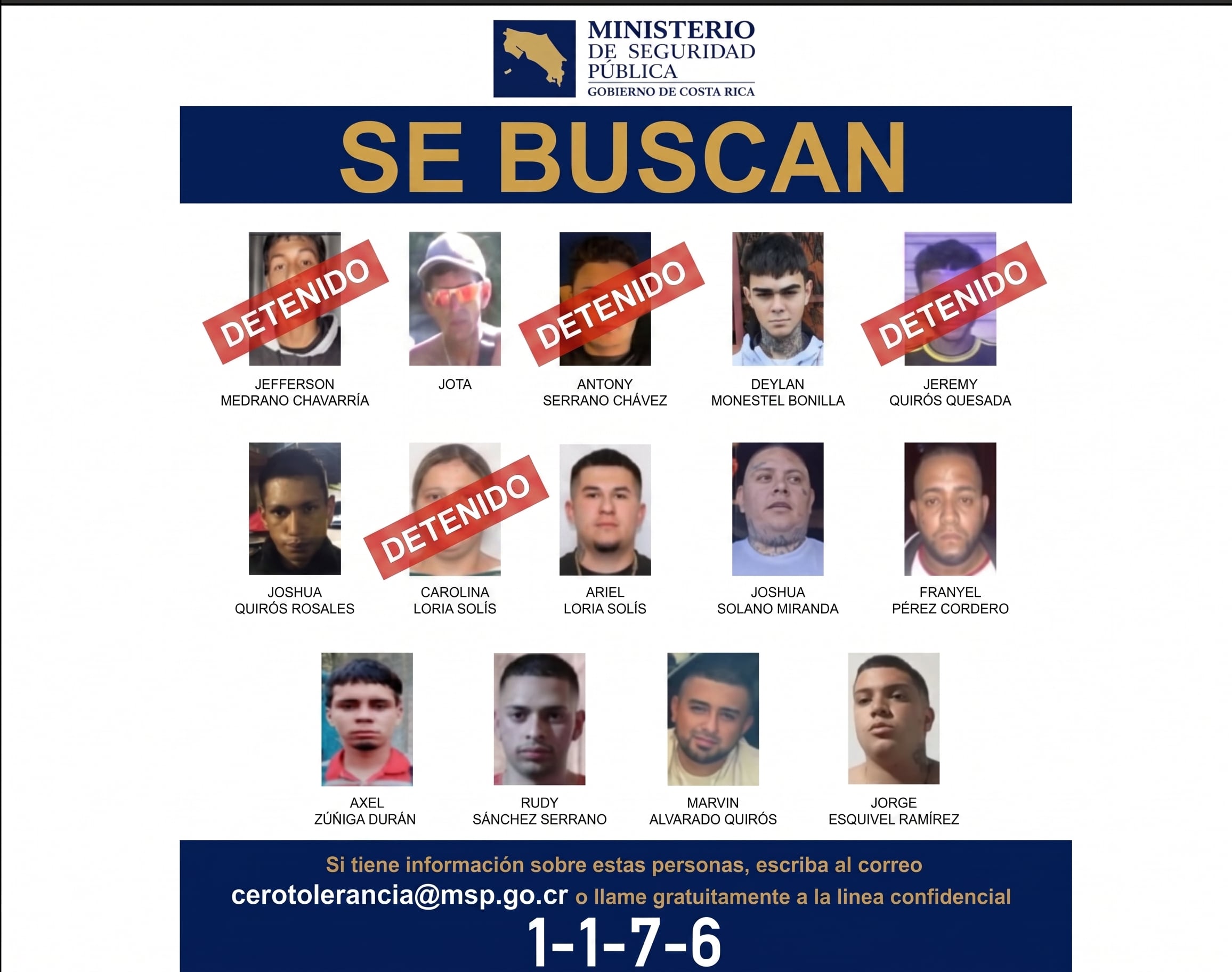 Cuatro de las 14 personas más buscadas en Cartago han sido detenidas faltan 10. Foto: MSP
