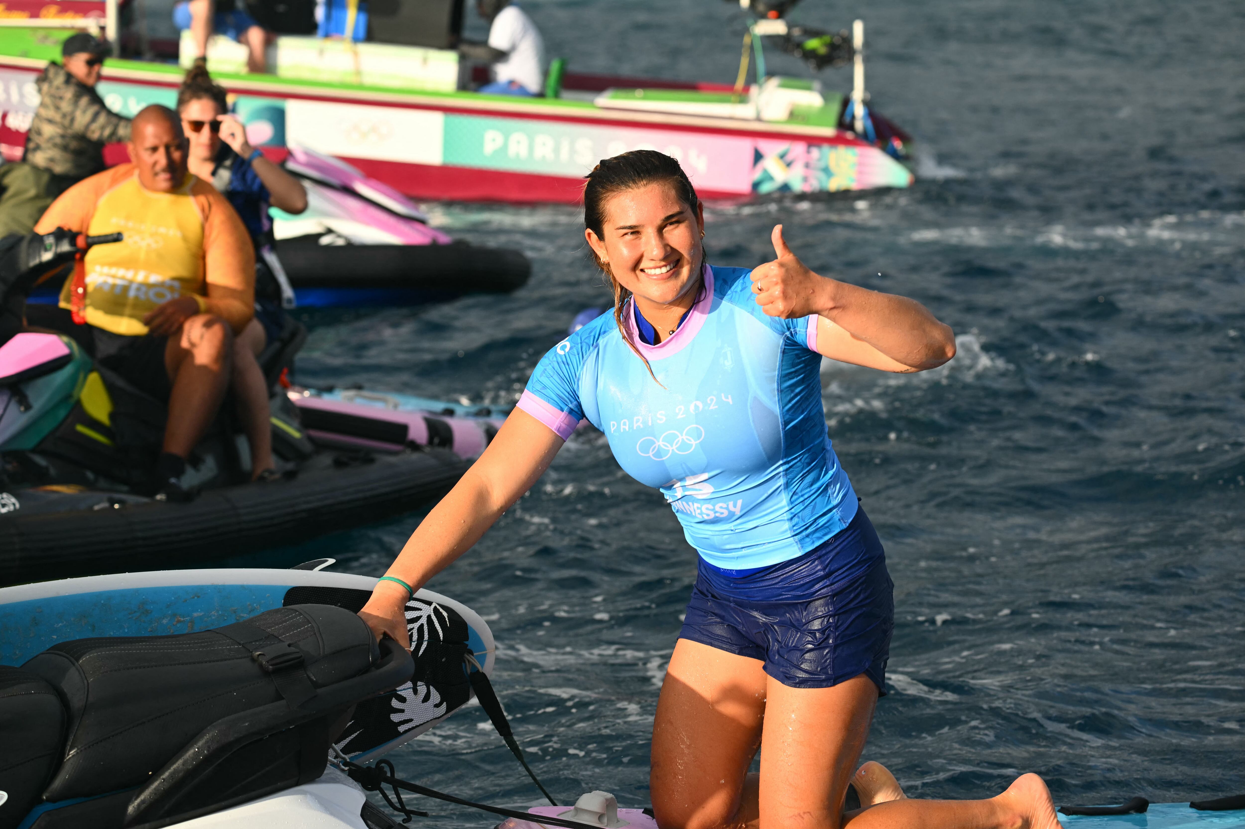 Costa Rica's Brisa Hennessy reacts at the end of her heat in the women's surfing quarter-finals, during the Paris 2024 Olympic Games, in Teahupo'o, on the French Polynesian Island of Tahiti, on July 30, 2024. (Photo by Jerome BROUILLET / AFP)