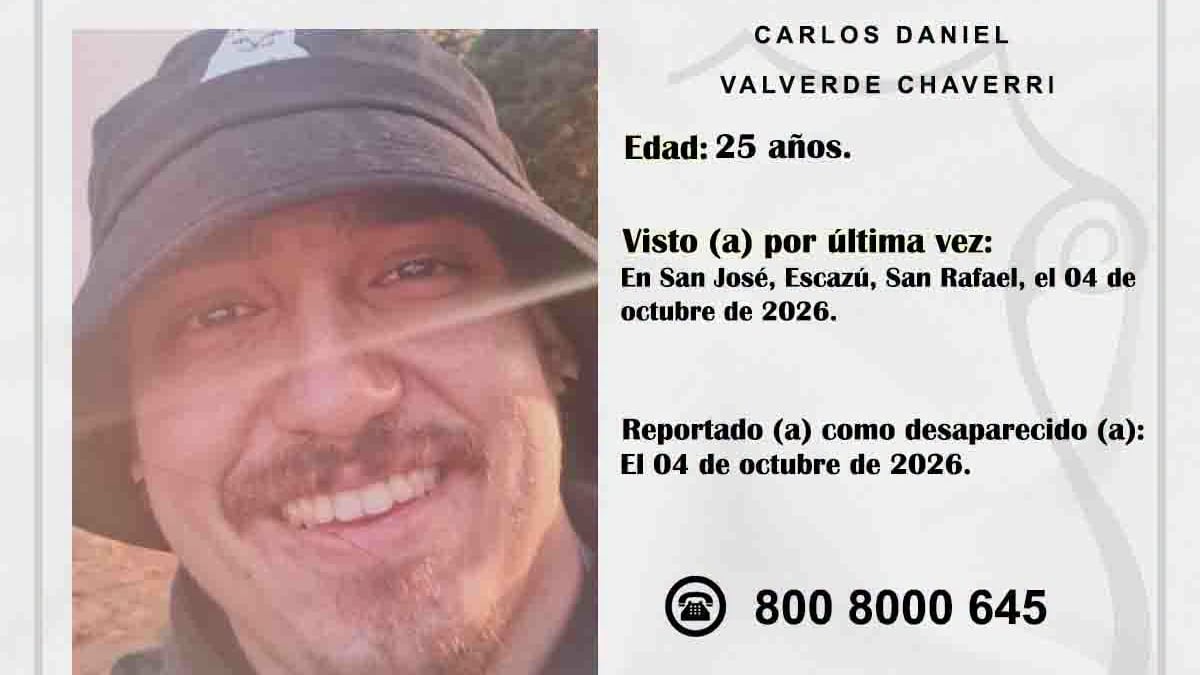 Carlos Valverde Chaverri, de 25 años, está desaparecido desde la madrugada del domingo 4 de octubre 2026. Foto: OIJ