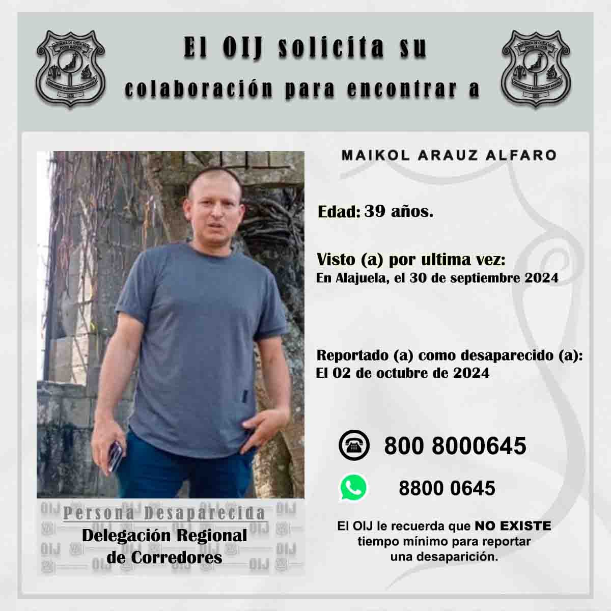 Maikol Arauz Alfaro, de 39 años, se le perdió el rastro hace 17 días junto a su amigo Jonathan Miranda Castro. Foto: OIJ