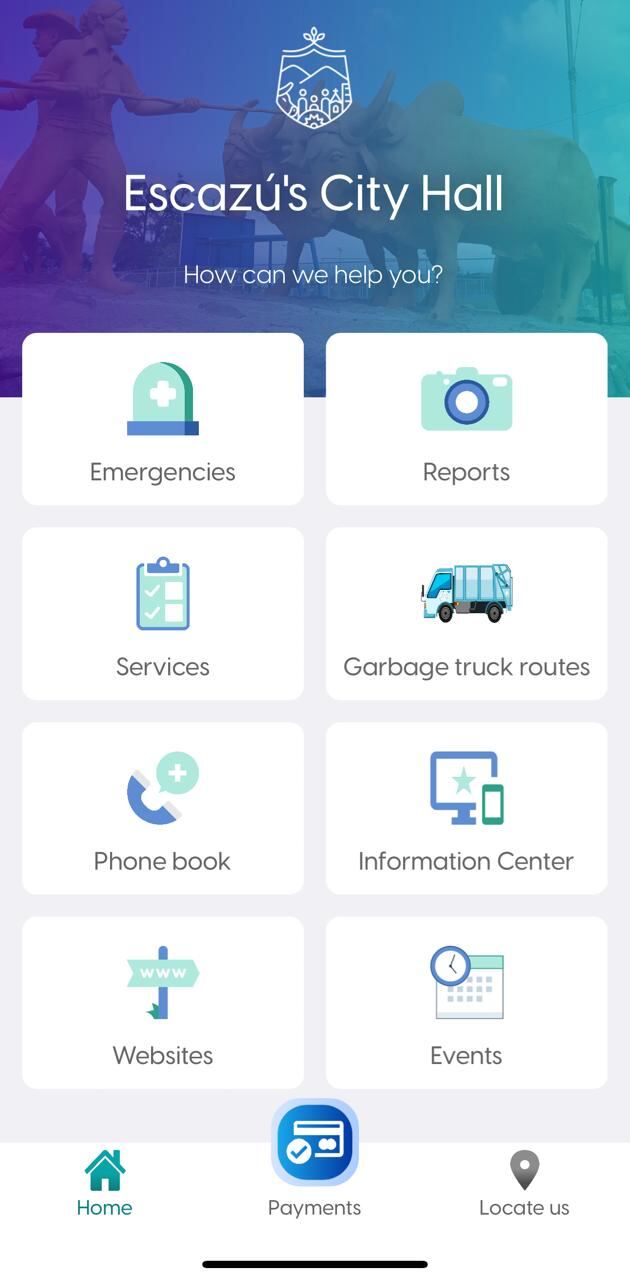 Así se ve la aplicación que habilitó la Municipalidad de Escazú para sus habitantes, donde se pueden hacer reportes, pagos de impuestos y revisar rutas de recolección de basura.