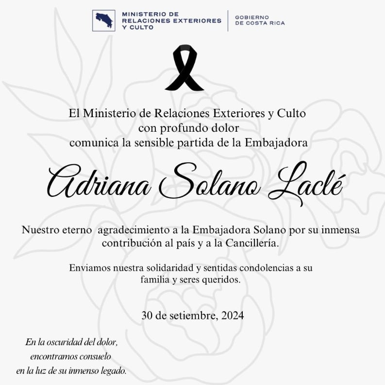 El Ministerio de Relaciones Exteriores confirmó el fallecimiento de la embajadora de Costa Rica en Canadá Adriana Solano. X (antiguo Twitter).