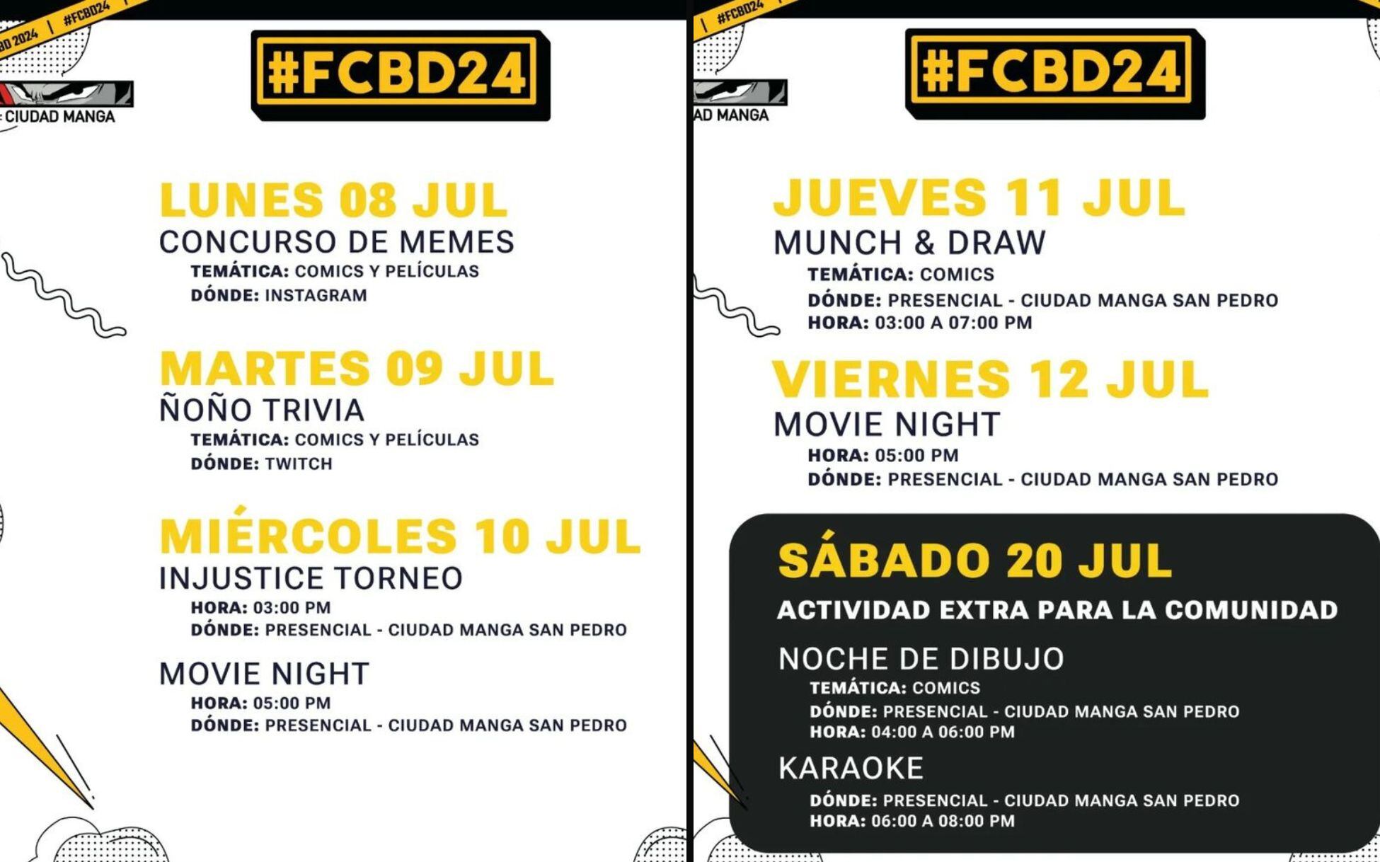 Así se dividen las actividades del Free Comic Book Day. Foto tomada de las redes sociales de Ciudad Manga.