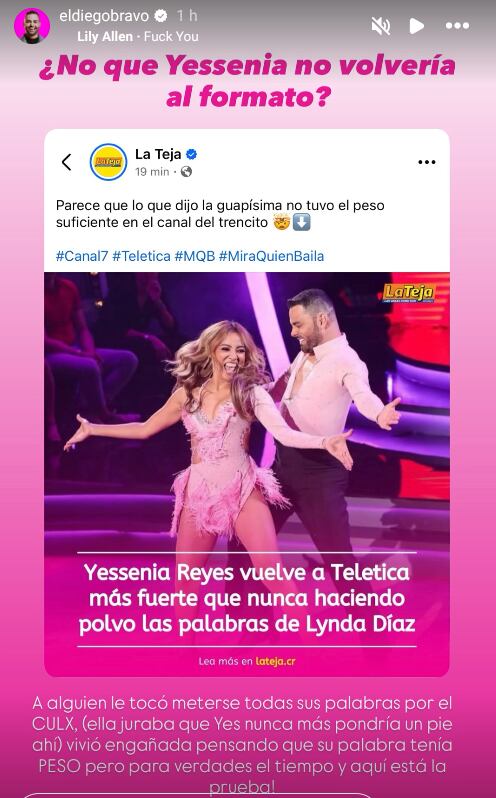 Diego Bravo y Lynda Díaz participaron en la pasada edición del reality de baile de Teletica y aunque iniciaron como amigos, terminaron enemigos
