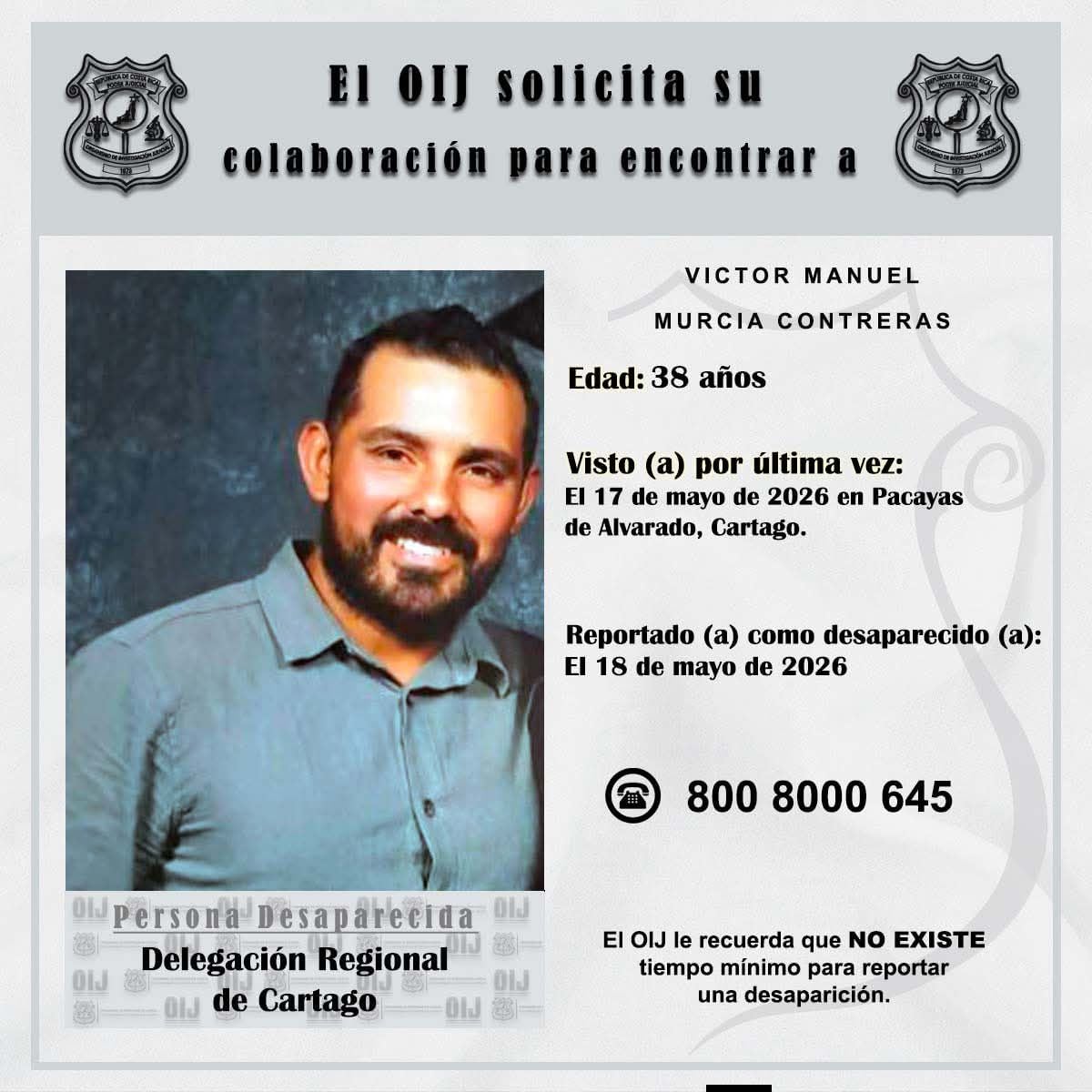 Víctor Manuel Murcia Contreras, de 38 años, fue reportado como desaparecido el lunes 18 de mayo del 2026 y lo encontraron sin vida en un guindo de 60 metros en Pacayas de Cartago. Foto: Tomada de redes sociales