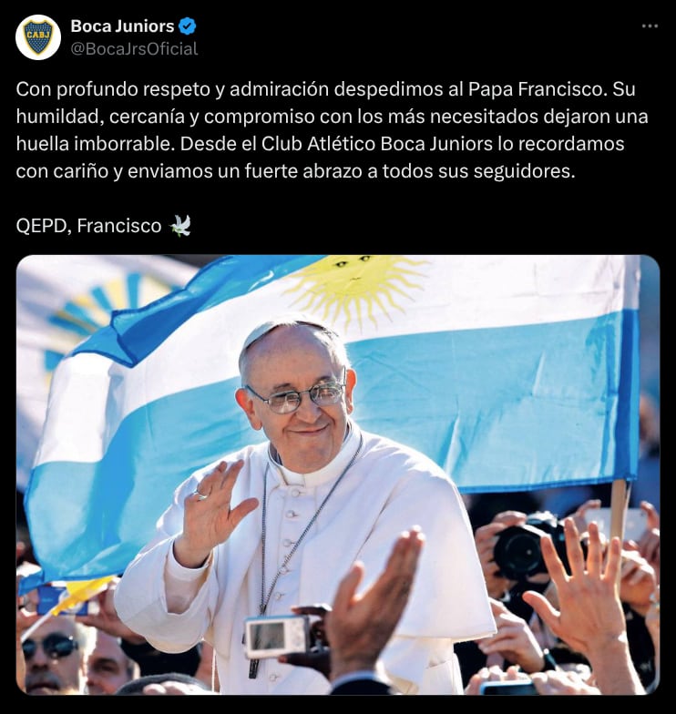 El Boca Juniors le dedicó un sentido mensaje al sumo pontífice. Captura de pantalla.