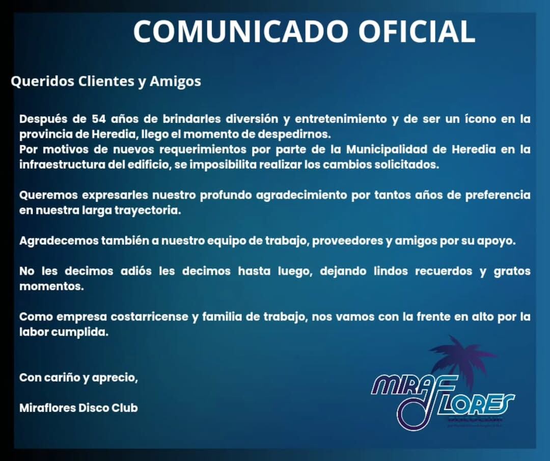 La discoteca Miraflores anunció su cierre esta sábado tras 54 años de funcionamiento.