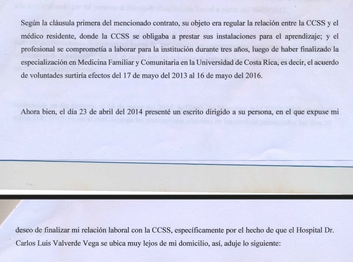 Mary Munive renunció a su puesto dentro de la CCSS en abril del 2014, según consta en el documento.