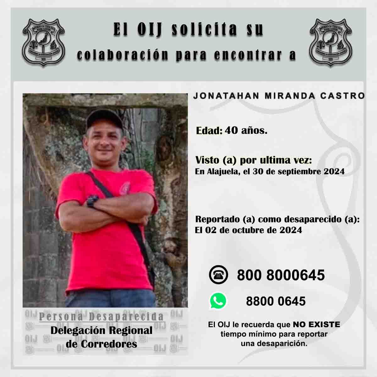Jonathan Miranda Castro, de 40 años, junto a su amigo Maikol Arauz Alfaro, de 39 años, se les perdió el rastro hace 17 días. Foto: OIJ