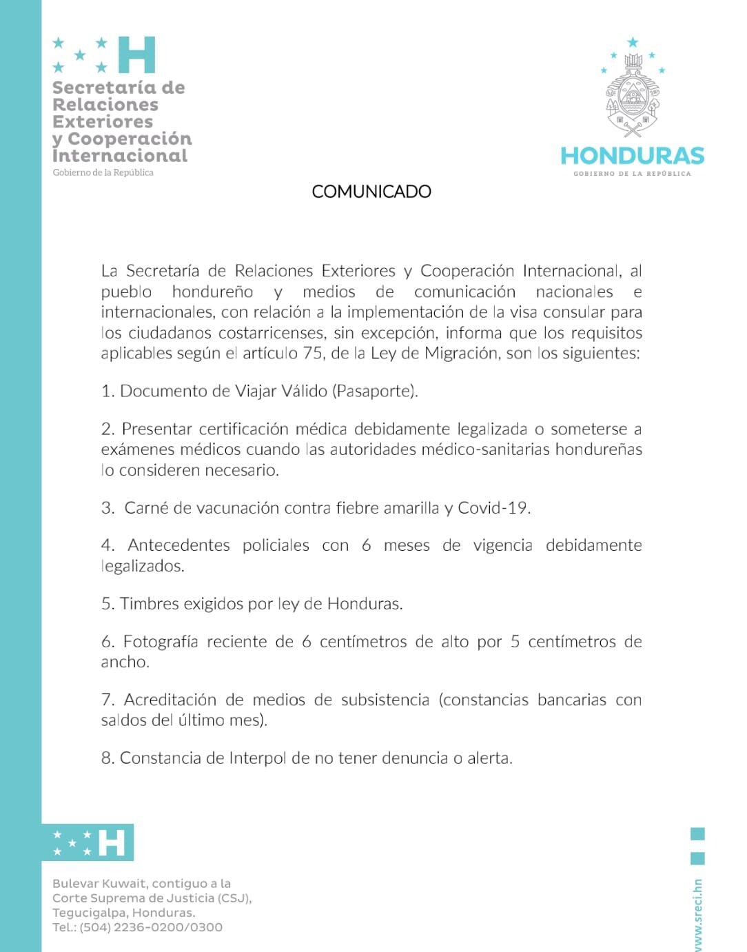 Requisitos para visa consular de ticos para entrar a Honduras.