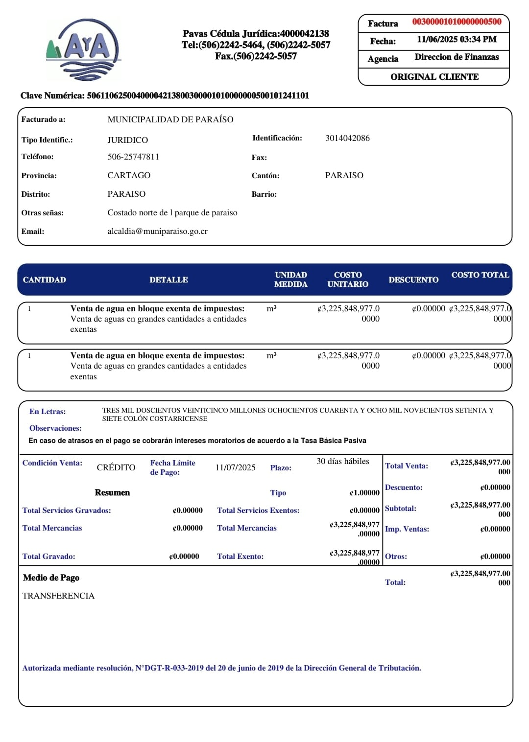 Acueductos y Alcantarillados (AyA) le entregó a la municipalidad de Paraíso, el pasado 11 de junio, una nueva factura de agua que deben de pagar antes del próximo 7 de julio.