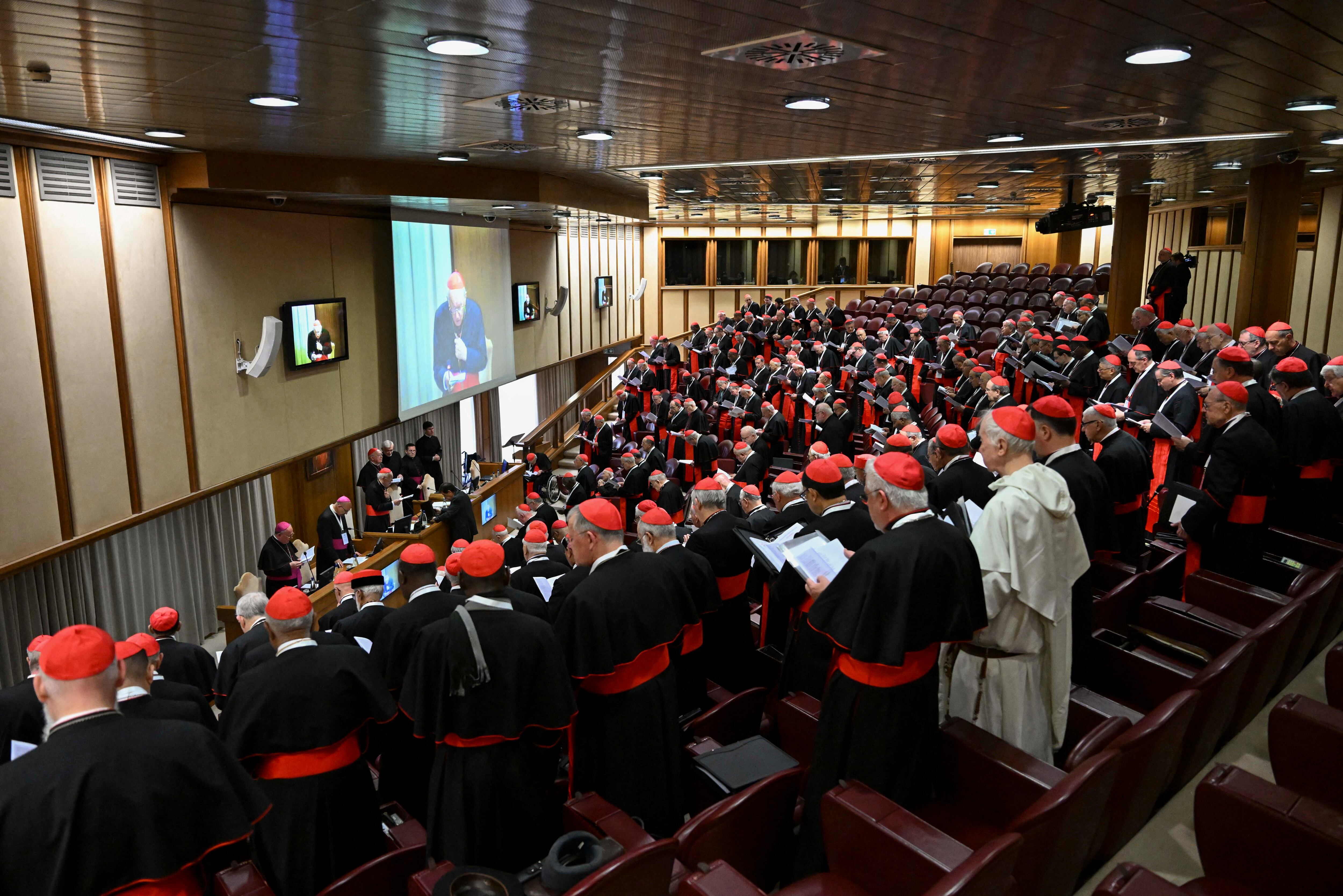 Esta fotografía tomada y distribuida el 28 de abril de 2025 por The Vatican Media muestra a los cardenales durante la quinta reunión de congregación en el Vaticano. Fotografía: