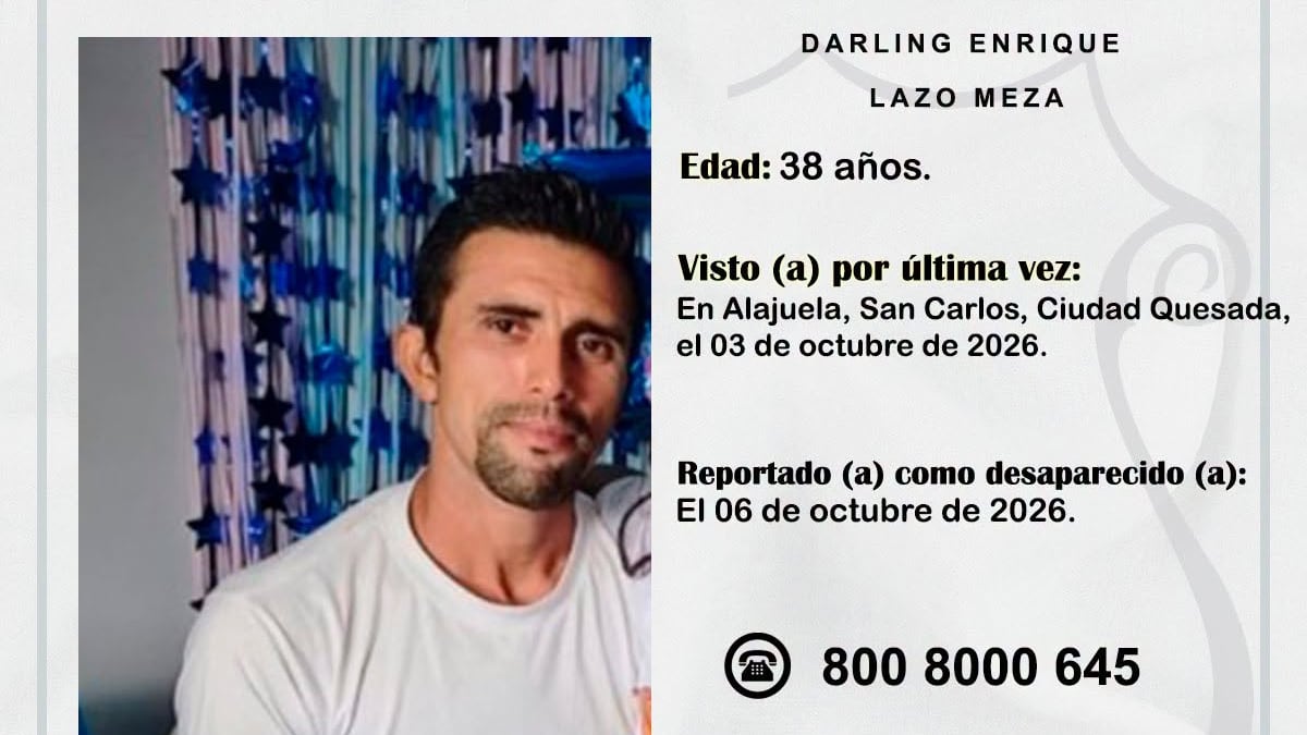 Darling Enrique Lazo Mena, desaparecido en San Carlos, Alajuela. Foto: OIJ