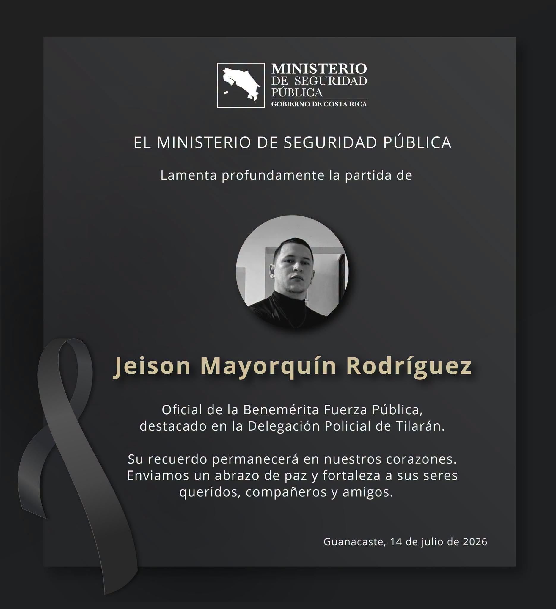 El Policía de Fiuerza Pública Jeison Mayorquín Rodríguez, de 29 años, murió durante entrenamiento en Murciélago, Guanacaste. Foto: MSP
