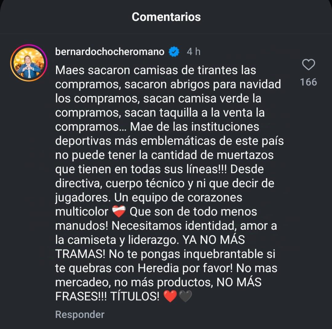Choché Romano explotó en el Instagram de Alajuelense y les hizo señalamientos muy duros.