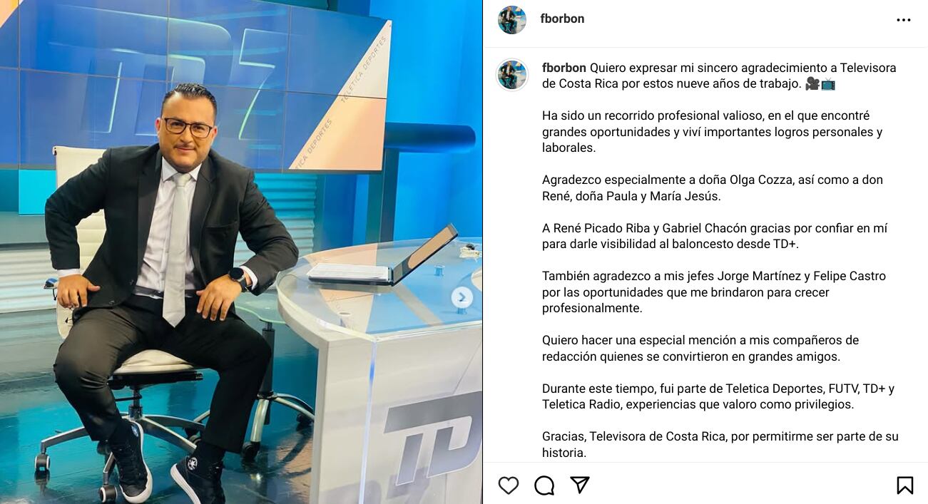 Tras horas de guardar silencio, Fabián Borbón ya se pronunció sobre su salida de Teletica con un mensaje que publicó recientemente en Instagram.