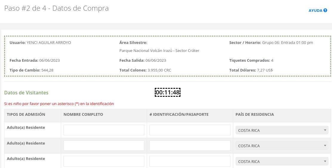 Un paso importante es completar los datos de quiénes visitarán el Poás y el Irazú, con sus números de identificación. Captura de pantalla.