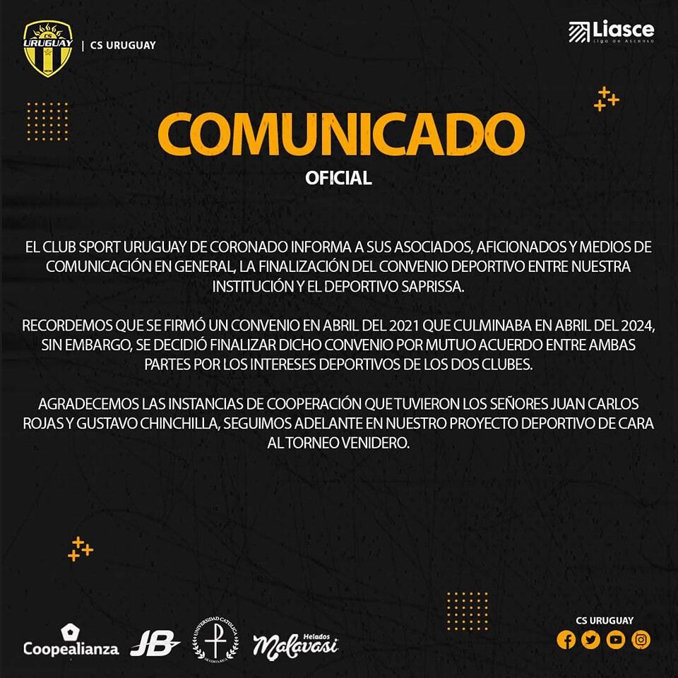Uruguay de Coronado confirmó que cortó relaciones con el Saprissa. Foto: Facebook