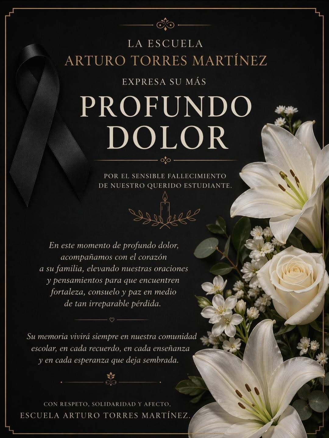 La escuela Arturo Torres Martínez lamentó mediante una esquela publicada en sus redes sociales, el fallecimiento del menor asesinado en Esparza.