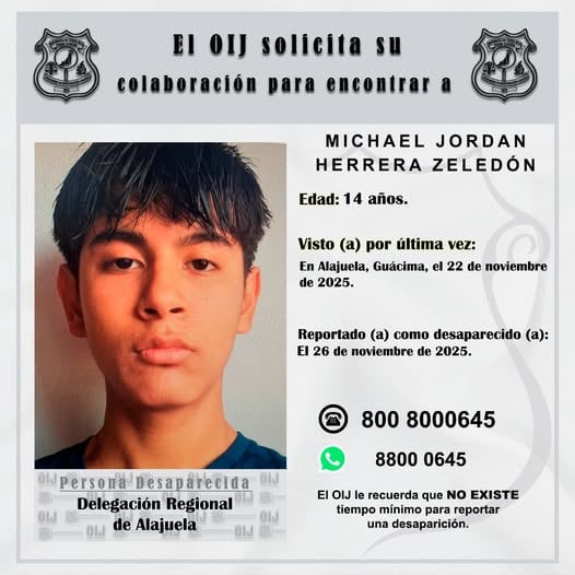 Michael Jordan Herrera Zeledón, de 14 años, está desaparecido desde el pasado sábado.