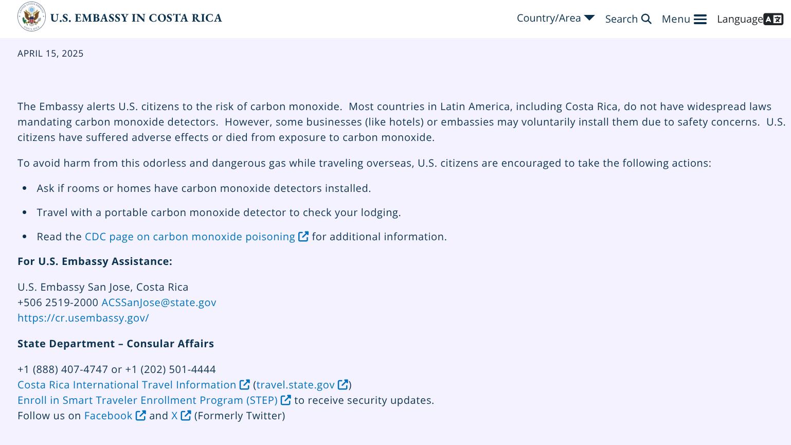 Embajada Americana da fuerte alerta tras la muerte de hijo de exjugador de los Yankees en Costa Rica. Foto: Captura de pantalla de la Embajada Americana