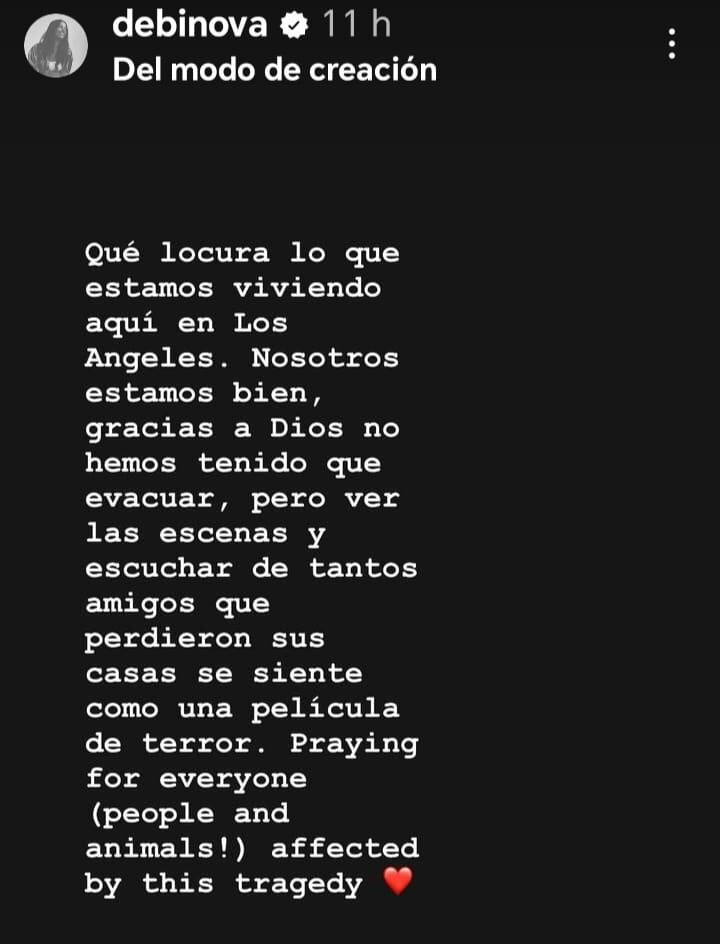 Imagen tomada del Instagram de Debi Nova sobre lo que se vive en los incendios de Los Ángeles.