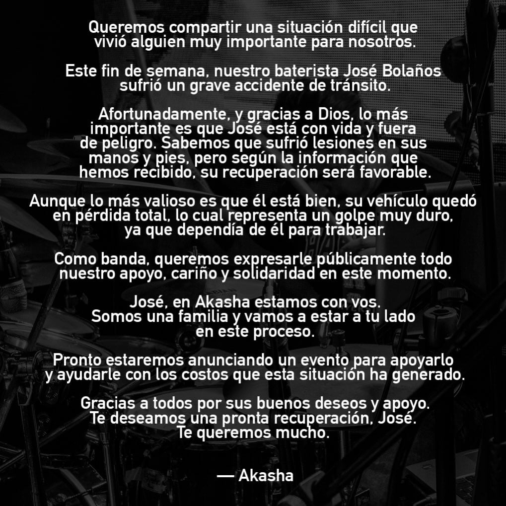 Músico José Bolaños, del grupo Akasha, tuvo un accidente de tránsito y sufrió varias lesiones