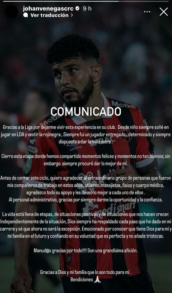 Johan Venegas se despidió de Alajuelense en su cuenta de Instagram