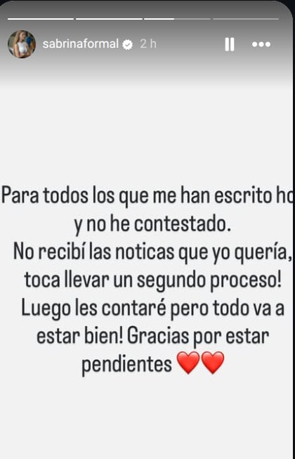 La piloto Sabrina Formal dio nuevas noticias sobre su estado de salud.