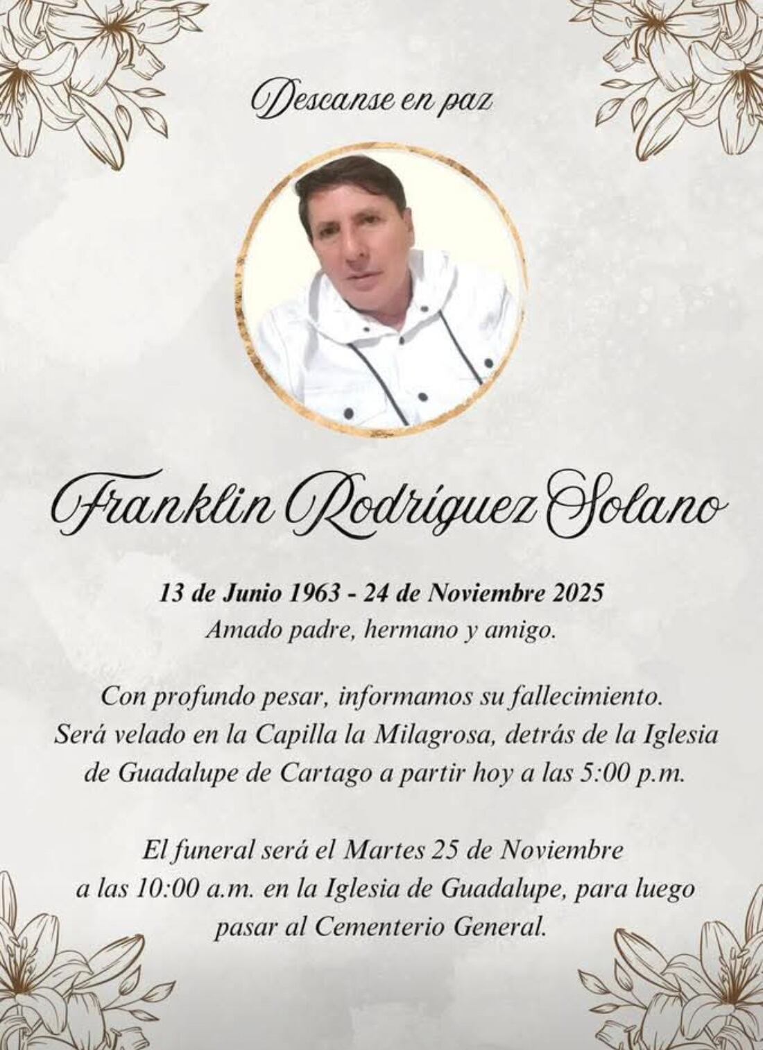 Estos son los detalles del funeral de Franklin Rodríguez, dueño del grupo  Uranio | La Teja
