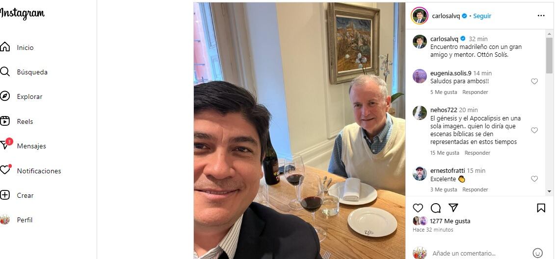 El expresidente Carlos Alvarado publicó una foto en Instagram comiendo en Madrid, España con Otton Solís, fundador del Partido Acción Ciudadana