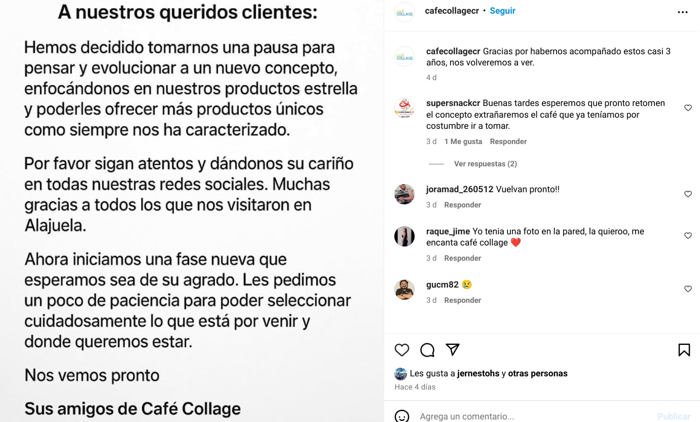 La cafetería Café Collage de Juan Carlos Zumbado, de Teletica, cerró sus puertas en Alajuela.