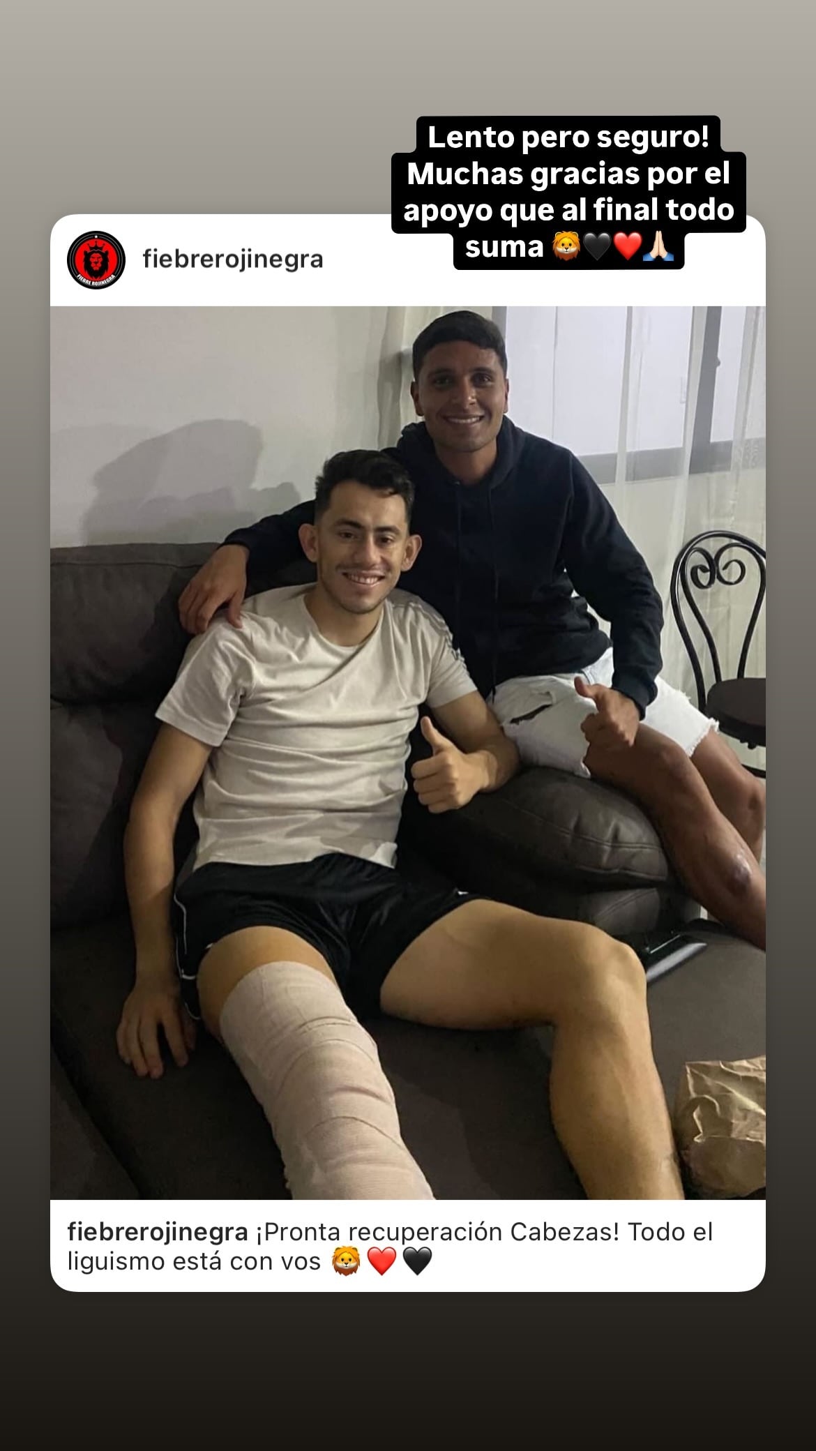 Kevin Cabezas en pocas palabras le agradeció a los aficionados que han estado atentos a su estado de salud. Foto: Instagram.