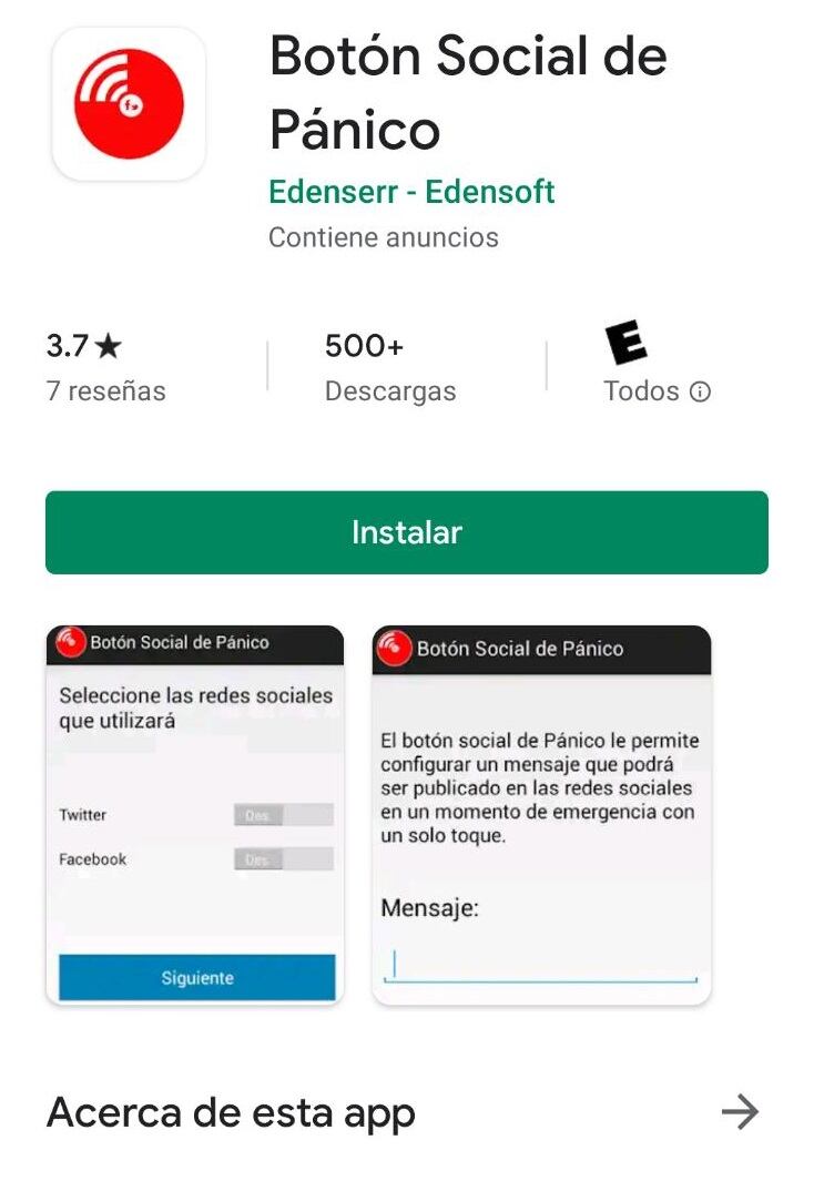 App de Botón de pánico. Captura de pantalla.