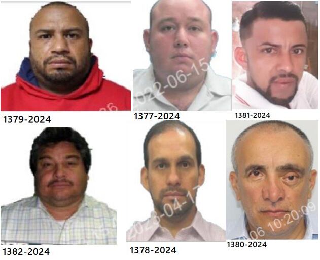 Allen de Jesús Pérez Barboza, de 44 años; Abraham Chaves Arias, de 38 años; Erick Duarte Tijerino, José Martín Zúñiga Brenes, de 61 años; Mauricio Martínez Parada, de 56 años; y Eddie Gómez Vindas, de 60 años, son buscados como sospechosos en el caso Madre Patria. Foto: OIJ
