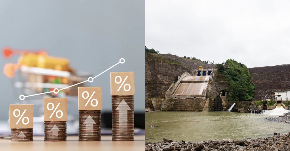 Gráfico de aumento de precios junto a represa con bajo nivel de agua en Costa Rica, ilustrando el impacto de El Niño en la inflación, la generación eléctrica y el déficit de lluvias.