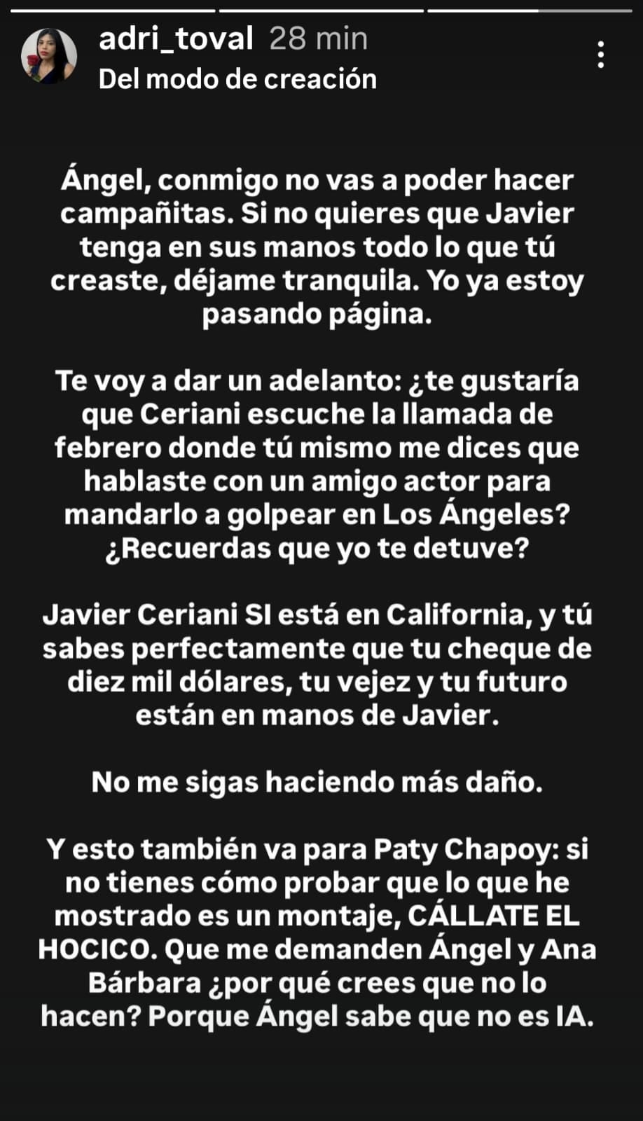 Adriana Toval le tiró ahora a la presentadora mexicana Pati Chapoy por decir que se inventó su relación con Ángel Muñoz, esposo de Ana Bárbara.