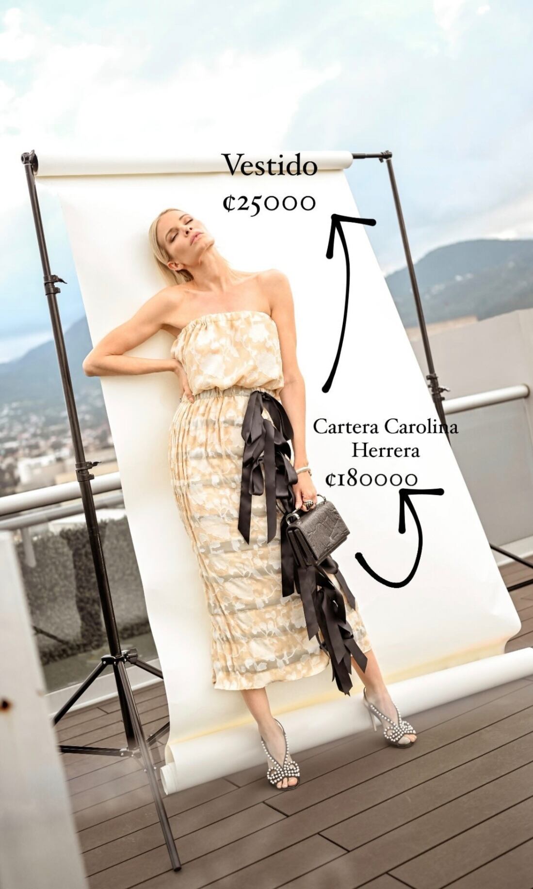 Modelo Leonora Jiménez y las prendas que pondrá a la venta.