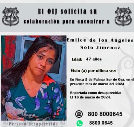 Emilce Soto Jiménez, mujer desaparecida en Palmar Sur. Foto cortesía.
