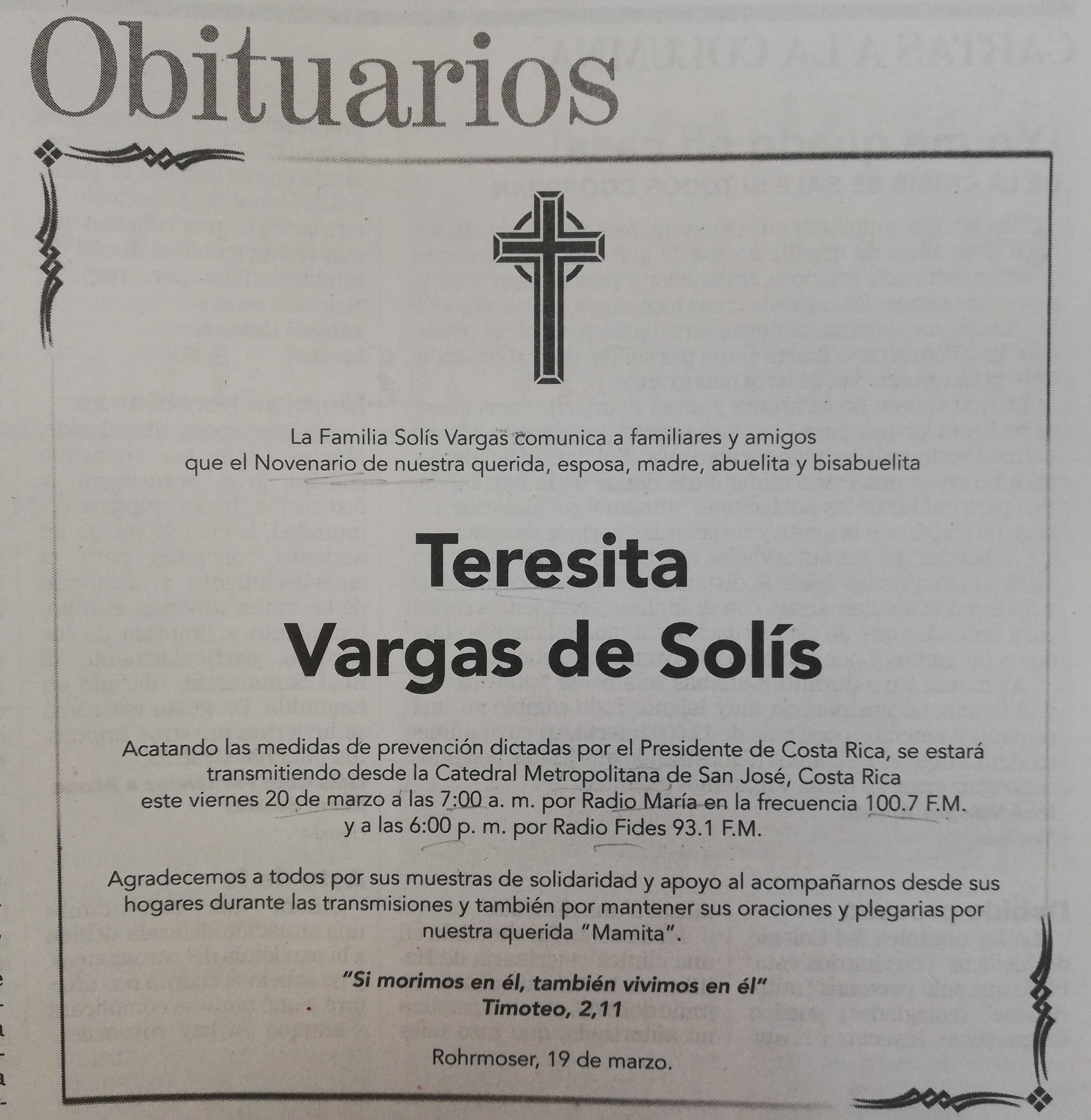 Esquela de la primera misa de novenario en radio
