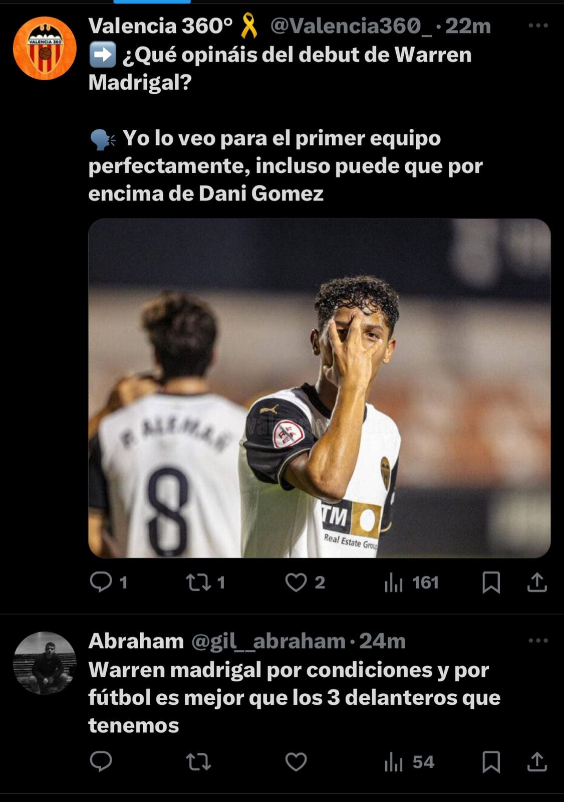 Warren Madrigal debutó con el Valencia de España y generó buenos comentarios.