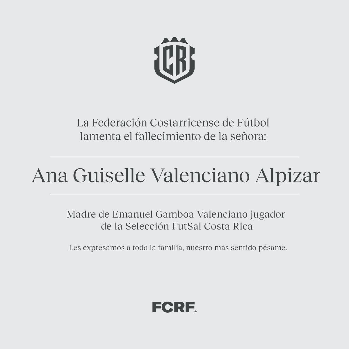 FCRF se une al dolor del jugador de fútsal Emanuel Gamboa por la pérdida de su madre.
