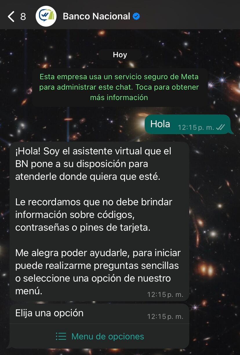 Así se ve el chat con el Asistente Virtual del Banco Nacional.